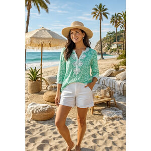 Women’s Embroidered Linen Tunic Size XL Green White California Beachy Resortcore